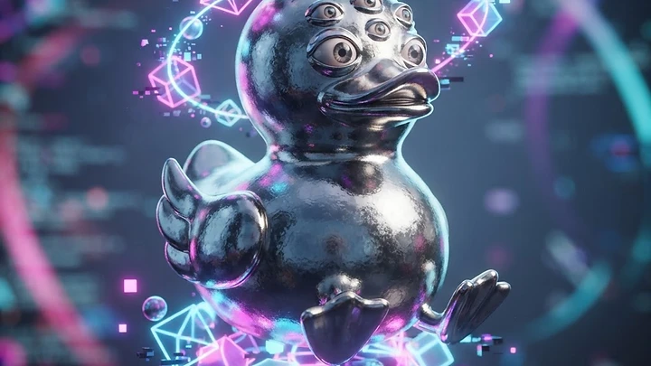 A metallic chrome rubber duck with multiple eyes floating in a digital space surrounded by neon geometric shapes and holographic data.