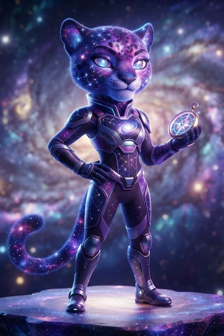 A stylized anthropomorphic space cat with starry fur wearing a futuristic suit, holding a compass, standing on a floating rock in a galaxy.