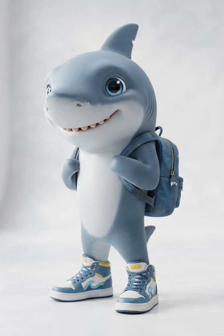 A friendly anthropomorphic cartoon shark standing, wearing a blue denim backpack and matching blue and white high-top sneakers, in a studio setting.
