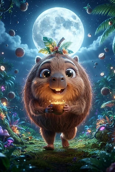 A round, furry creature resembling a coconut walking through a glowing magical jungle at night under a full moon with floating coconuts.