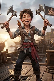 A joyful young pirate boy stands on a wooden ship deck holding two axes, with a parrot on his shoulder, in front of a pirate flag and coastal fortress.