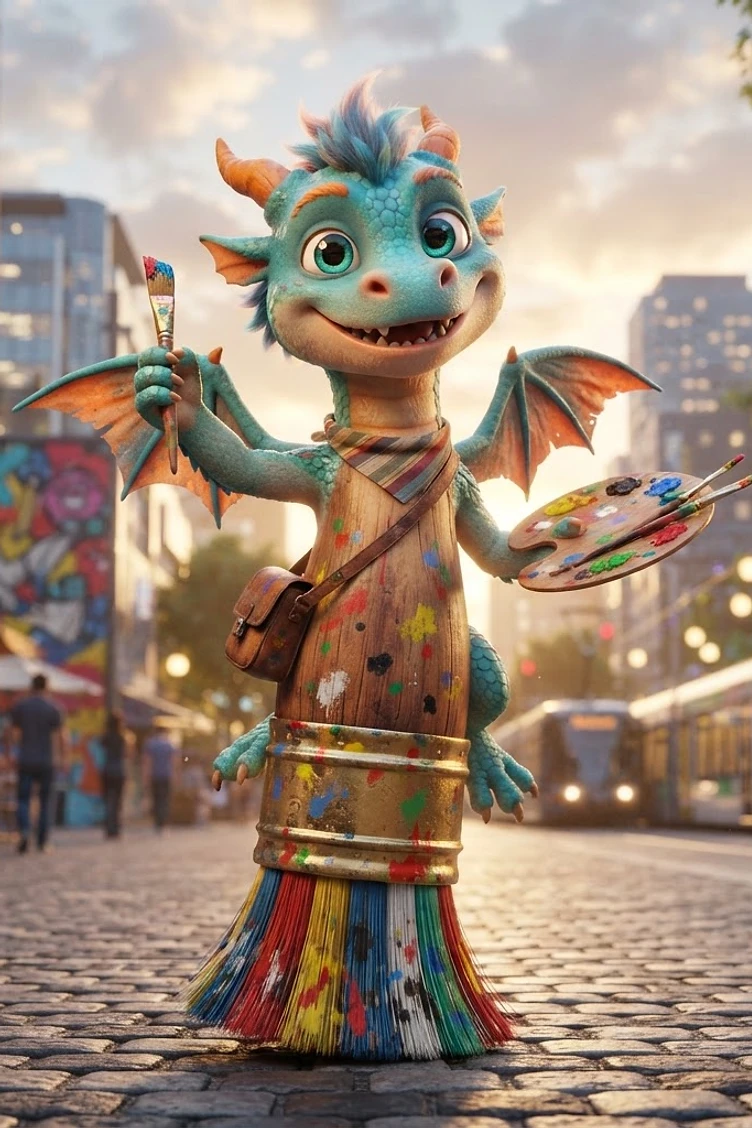 A cute, teal baby dragon artist wearing a paint-splattered apron, holding a paintbrush and palette, standing on a large colorful paintbrush in a city street.