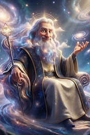 A white-bearded wise wizard sitting on a celestial throne made of clouds and galaxies, holding a staff with an all-seeing eye, surrounded by nebulas.
