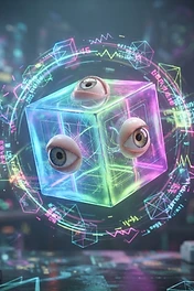 A translucent glowing cube with human eyes on its surfaces surrounded by floating neon holographic digital geometry in a dark lab setting.