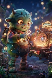 A small, fuzzy, green horned monster wearing a sweater and backpack using a glowing wrench to work on a steampunk machine titled Noobini's Pizzanini in a magical forest setting.