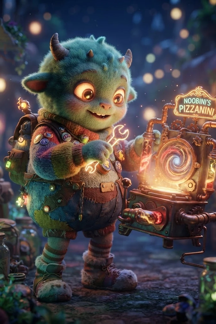 A small, fuzzy, green horned monster wearing a sweater and backpack using a glowing wrench to work on a steampunk machine titled Noobini's Pizzanini in a magical forest setting.