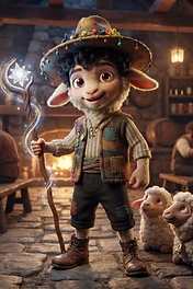 A whimsical, bipedal sheep character wearing a patched vest and a decorated hat, holding a glowing magical staff in a cozy tavern, accompanied by two small fluffy sheep.
