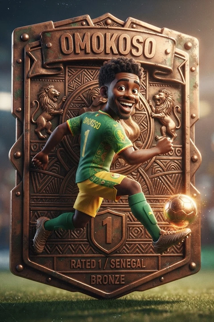 A stylized cartoon character named Omokoso on a bronze-colored soccer card, wearing a green and yellow jersey, dribbling a glowing soccer ball in a stadium.