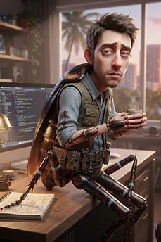 A tired-looking man with cockroach anatomy, including wings and insect legs, sitting at a desk in a home office while holding a coffee cup.