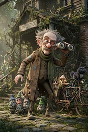 An elderly man with messy hair and patches on his coat peers through binoculars in front of a rustic cottage with garden gnomes and a bicycle.