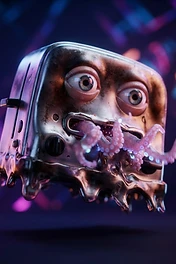 A metallic, melting toaster character with large human-like eyes and tentacles coming out of the bread slot against a glowing neon background.