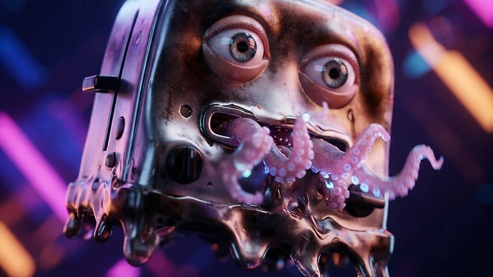 A metallic, melting toaster character with large human-like eyes and tentacles coming out of the bread slot against a glowing neon background.