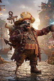 A cheerful anthropomorphic badger dressed as a pirate holding a glowing mug of ale in a busy seaside marketplace.