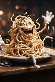 An anthropomorphic cartoon character made of tangled spaghetti sitting on a plate in a restaurant, waving with white gloves and holding a metal fork.