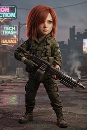 A young red-haired girl dressed in military tactical gear holding a large machine gun standing in a gritty cyberpunk wasteland street.