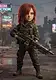 A young red-haired girl dressed in military tactical gear holding a large machine gun standing in a gritty cyberpunk wasteland street.
