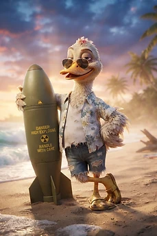 A stylized anthropomorphic duck wearing sunglasses and tropical clothing stands on a sandy beach next to a large green high explosive bomb at sunset.