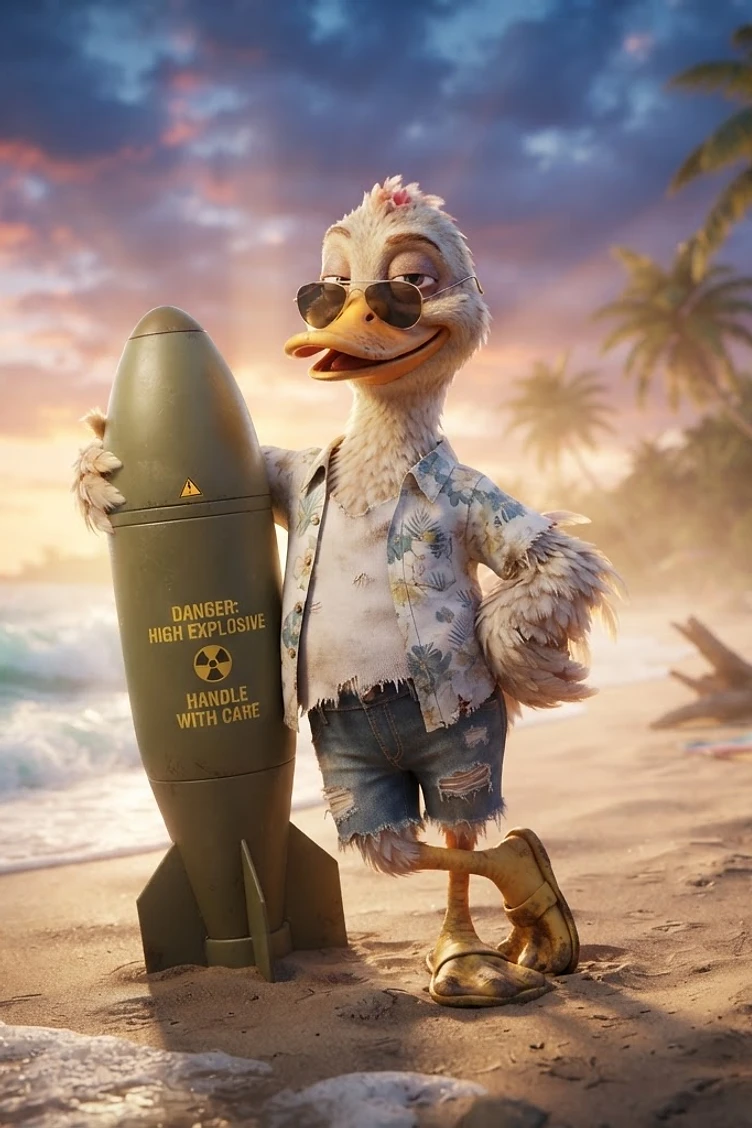 A stylized anthropomorphic duck wearing sunglasses and tropical clothing stands on a sandy beach next to a large green high explosive bomb at sunset.