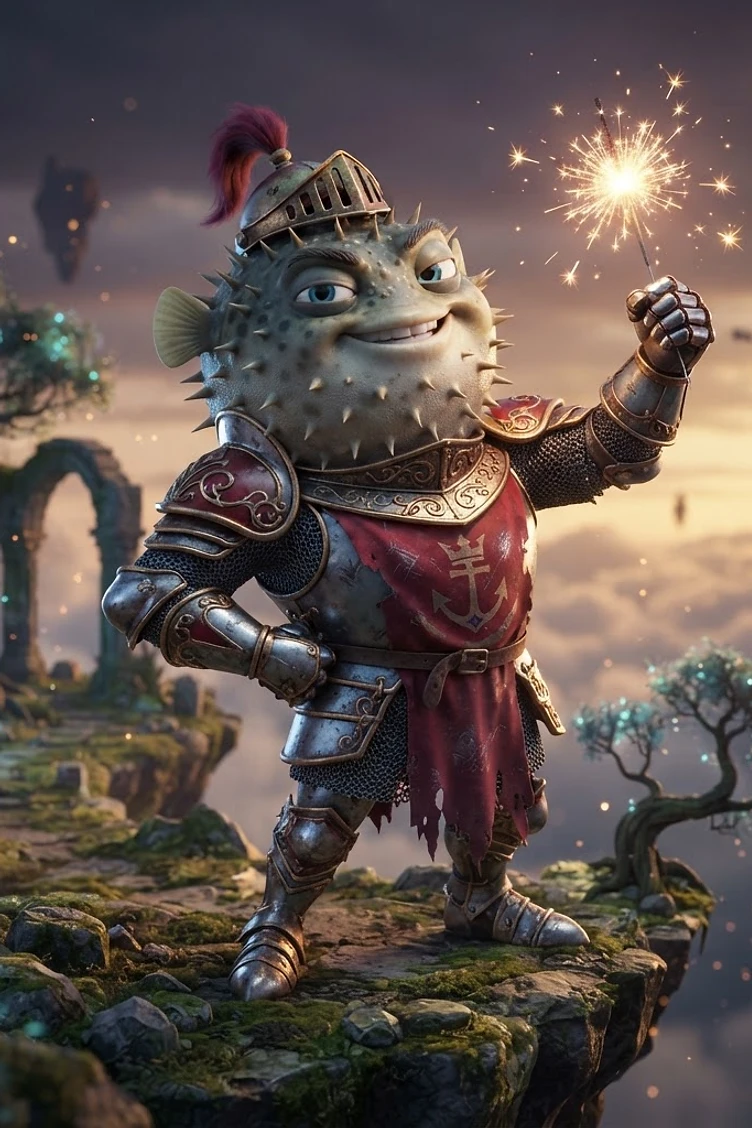 A cartoonish pufferfish character wearing full medieval knight armor, holding a glowing sparkler on a floating island at sunset.