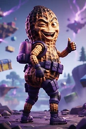 A stylized, anthropomorphic peanut character winking and giving a thumbs up, wearing purple tactical gear, a backpack, and combat boots in a surreal floating island landscape.