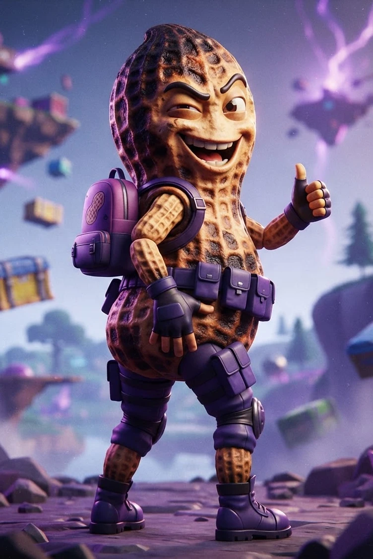 A stylized, anthropomorphic peanut character winking and giving a thumbs up, wearing purple tactical gear, a backpack, and combat boots in a surreal floating island landscape.