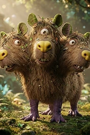 A mythical three-headed creature with brown matted fur, mossy ears, yellow noses, and purple reptile-like feet standing in a magical forest.