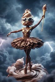 A surreal ballerina character with a chocolate soft serve ice cream head wearing sunglasses, a tutu, and holding an ice cream cone wand, standing on a chocolate swirl in a stormy sky.