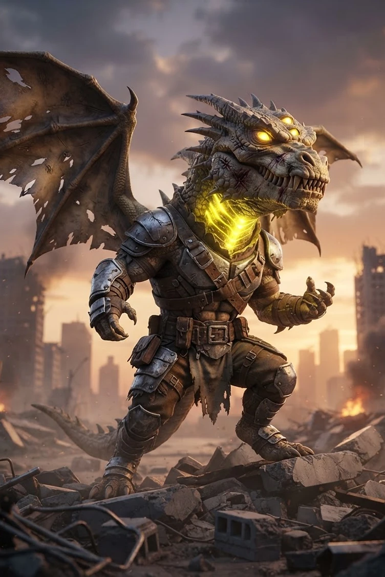 A heavily armored, reptilian dragon warrior with glowing yellow eyes and throat standing amidst the ruins of a destroyed city.