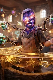 A cosmic-headed bartender with mechanical arms serving glowing beer in a magical tavern, wearing a worn leather apron.