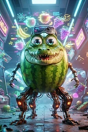 A grinning, anthropomorphic watermelon character with a crocodile-like face, large blue eyes, and robotic legs, standing in a futuristic glowing grocery store aisle filled with synthetic fruit.
