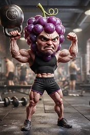 A cartoonish, hyper-muscular character with a bunch of purple grapes for a head is lifting a heavy metal kettlebell in a dimly lit gym setting.