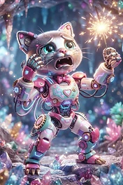 A distressed robotic cat character with oversized eyes, wearing pink and teal mechanical armor, holding a sparkler inside a vibrant crystal cave.