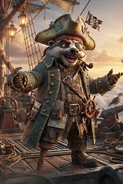 A stylized badger pirate captain with a wooden leg, eyepatch, and mustache holding a rusty cutlass on the deck of a sailing ship above the clouds.