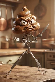 An angry, anthropomorphic pile of poop with a head made of a swirling mass and a body constructed from kitchen utensils, including a whisk, fork, and knives, standing on a wooden kitchen counter.