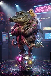 A stylized crocodile wearing a leather jacket and octopus tentacles balancing on a disco ball in a neon arcade, with a small yellow chick on its head.