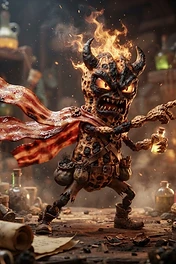 A charred peanut creature with demon horns and fire on its head wears a bacon cape and holds a small potion bottle in a dusty alchemist workshop.