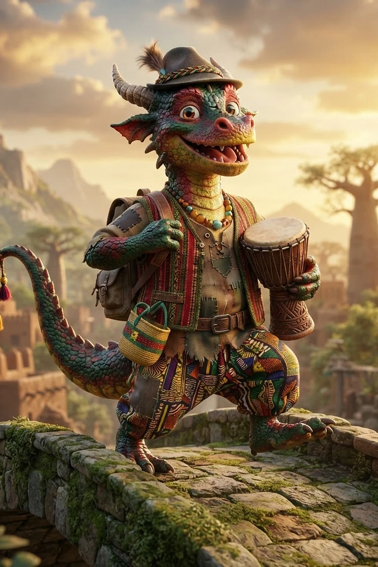 A colorful anthropomorphic dragon wearing a hat and patchwork vest, carrying a drum and backpack while walking across a stone bridge in a fantasy village at sunset.