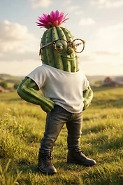 A friendly anthropomorphic cactus with a pink flower on its head wearing glasses, a t-shirt, and jeans standing in a grassy meadow.