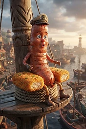 A cartoonish sausage character wearing a captain's hat, sitting on a wooden platform on a ship mast with fish sticks as legs in a harbor setting.