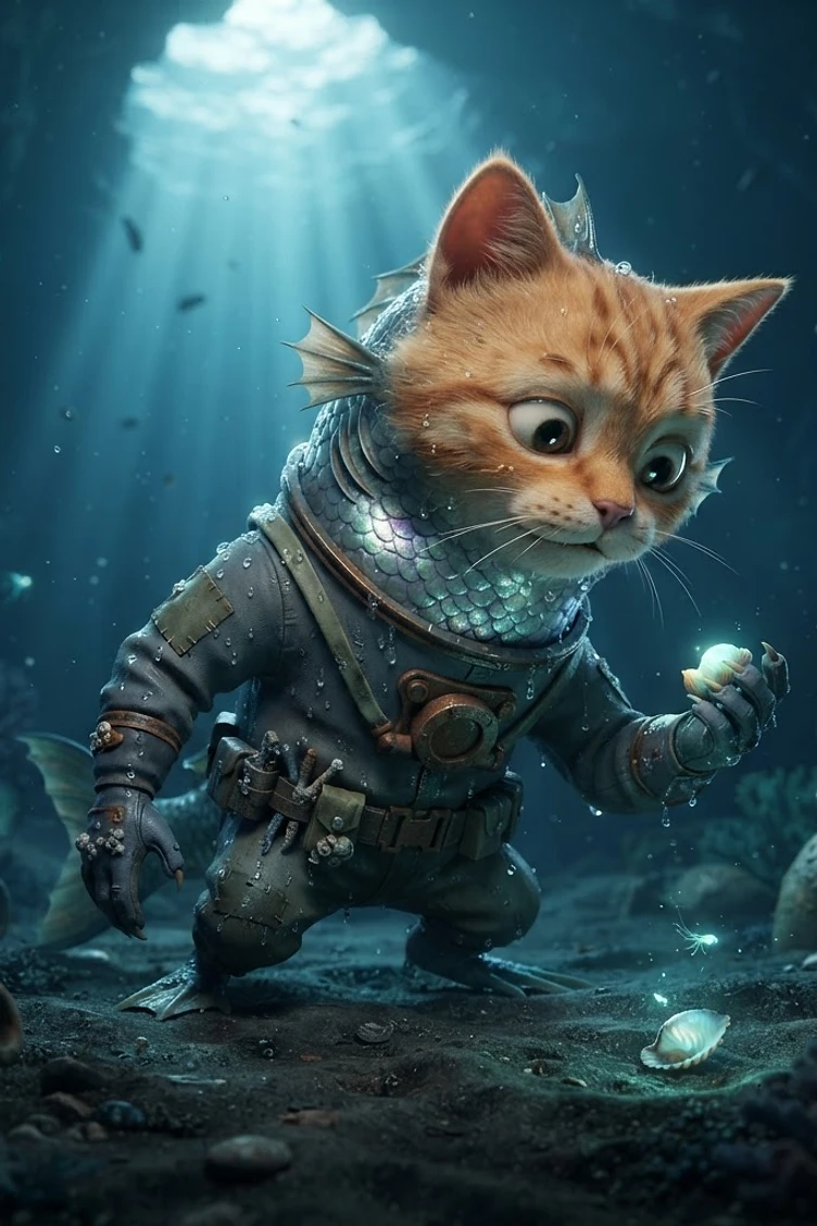 An orange tabby cat with fish fins and scales wearing a vintage deep-sea diving suit while exploring the ocean floor and examining a glowing shell.