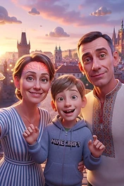 Brainrot Me character: happy ukrainian family in in Praha city