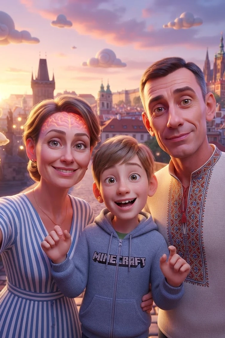 Brainrot Me character: happy ukrainian family in in Praha city