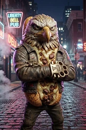 An anthropomorphic eagle with a philly cheesesteak body wearing a leather jacket and brass knuckles standing on a city street at night.