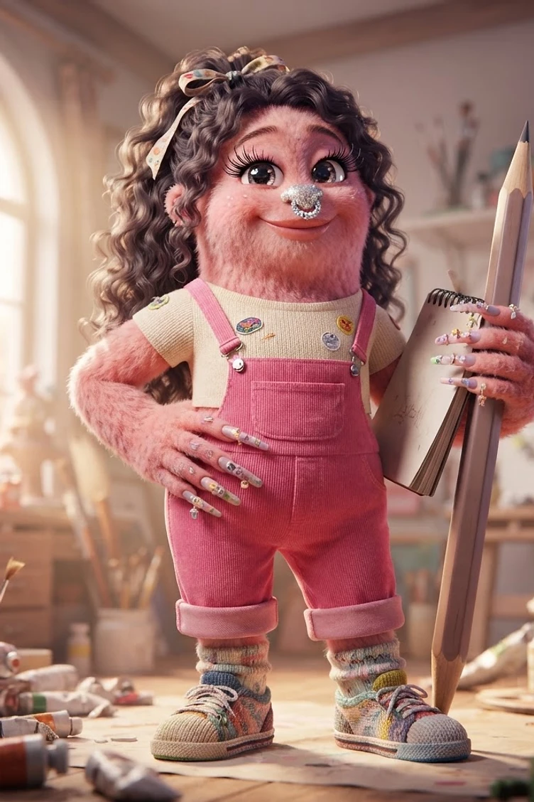 A whimsical pink fuzzy character with curly hair wearing pink overalls and sneakers, standing in an art studio holding a large pencil and a notepad.