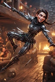 A stylized, energetic female rogue character jumping through a medieval tavern, wearing armor constructed entirely of sharp metallic daggers and blades.