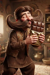 A stylized 3D cartoon man with an elaborate mustache kissing a large chocolate bar in a rustic kitchen setting.