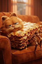 a fluffy orange cat face merging into a large block of cheesy lasagna with spider-like legs sitting on a brown sofa in a living room