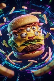 A surreal cheeseburger creature with multiple eyes and pickle arms floating in a digital cyberspace environment surrounded by flying french fries.