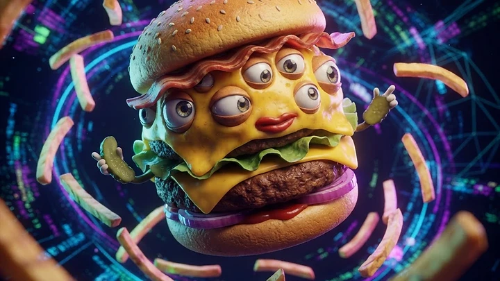 A surreal cheeseburger creature with multiple eyes and pickle arms floating in a digital cyberspace environment surrounded by flying french fries.