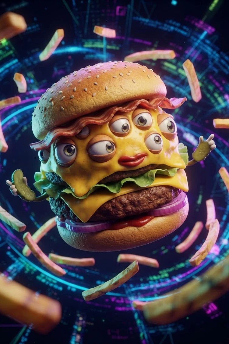 A surreal cheeseburger creature with multiple eyes and pickle arms floating in a digital cyberspace environment surrounded by flying french fries.